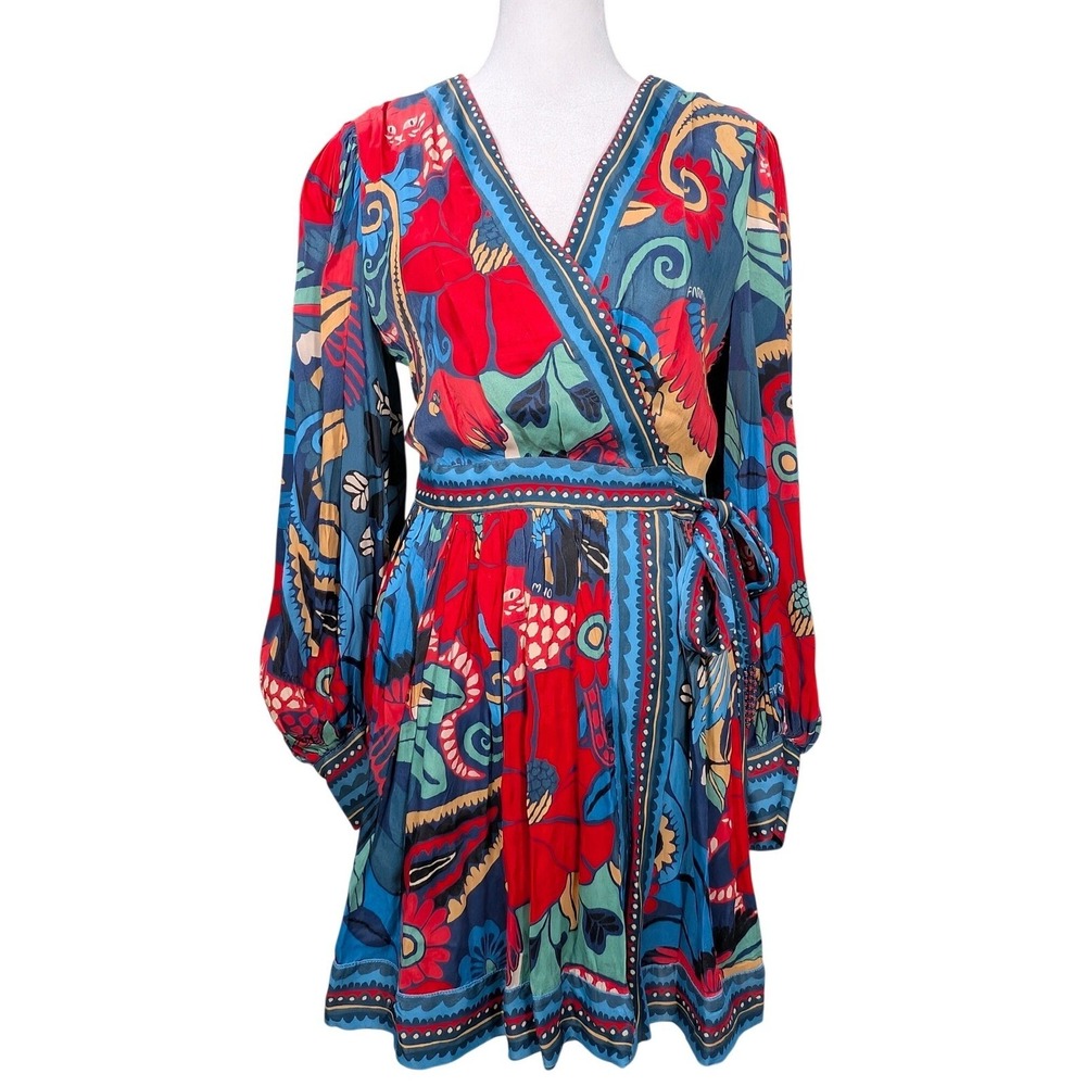 NWT Farm Rio Vintage Forest Blue Mini Wrap Dress Beaded Tassel Sz S